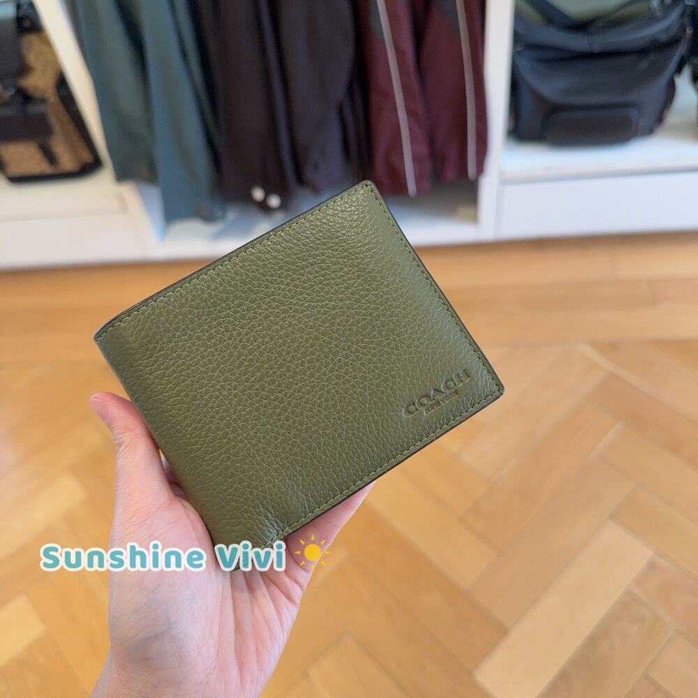NWT COACH CR398 Men's 3-In-1 Wallet In Refine Pebble Leather silver OLIVE
